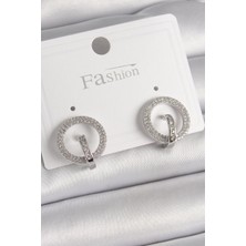 Renas Store Pirinç Gümüş Renk Zirkon Taşlı Halka Model Kadın Küpe
