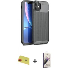 Marsilyan™- iPhone 11 Kılıf Eksen Form Prime - Siyah Bilvis 3D Mat Cam Ekran Koruyucu + Rainbow Kamera Lens Koruma Cam - Kı