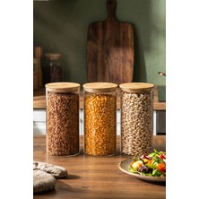 Porsima 2-3 Bambu Vakumlu Kapaklı Yuvarlak Borosilikat Cam 3lü Kavanoz Seti Saklama Kabı 1300ML 10X20CM