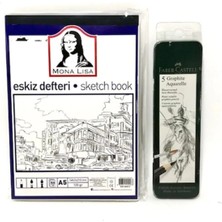 Südor -Faber Set - Eskiz Defteri A5 120 gr 50YP - Faber Graphite Aquarelle Kurşun Kalem Metal Kutu
