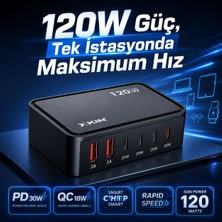 CoverZone 120W Gan Şarj Istasyonu 5 Portlu Hızlı Şarj Adaptörü PD30W QC18W Smart Chip Teknolojili Usb-A Usb-C Çoklu Şarj Cihazı Masaüstü Hızlı Şarj Ünitesi | XK-HC205