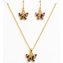 Showy Accessories Renkli Taşlı Kelebek Figürlü Gold Kolye ve Küpe Takı Seti