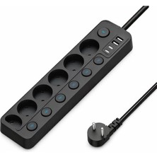 Die Grup 6’lı Ayrı Anahtarlı Akım Korumalı Priz, 3680W 16A Çoklu Priz, 2 Usb-A + 2 Type-C, 2 Metre Kablolu, Topraklı, Ev Ofis Masaüstü Kullanım Için