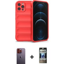 Marsilyan™- iPhone 12 Pro Kılıf Atlas Koleksiyonu - Siyah 34D Hayalet Izgaralı Cam + Neon Fosforlu Kamera Lens - Tu
