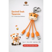 MR.BEAR Tüm Iphone ve Android Cihazlarla Uyumlu 3’ü 1 Arada Inek Figürlü Çoklu Şarj Kablosu Anahtarlık Type-C Lightning Micro USB Uç