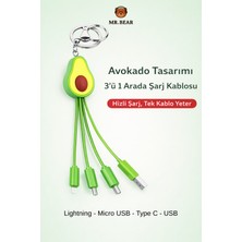 MR.BEAR Tüm Iphone ve Android Cihazlarla Uyumlu 3’ü 1 Arada Avokado Figürlü Çoklu Şarj Kablosu Anahtarlık Type-C Lightning Micro USB Uç