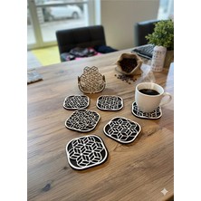 Simidil Design Dekoratif Kahve Köşesi 6’lı Standlı Ahşap Kahve Bardak Altlığı Seti ve Dekoratif Tealight Mumluk