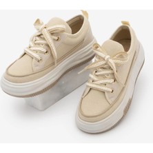 Marjin Kadın Yüksek Taban Sneaker Keten Kumaş Bağcıklı Spor Ayakkabı Hesna Bej