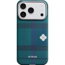 iPhone 17 Pro Uyumlu Kılıf M-Safe Şarj Özellikli Aramid Fiber Pitaka Flora In Grid Serisi Kapak Mavi