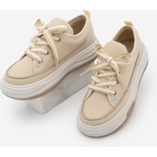 Marjin Kadın Yüksek Taban Sneaker Keten Kumaş Bağcıklı Spor Ayakkabı Hesna Bej