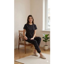 LXL Kadın Siyah Kalp Desenli Yazlık Pijama Takımı