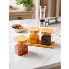 Mafa Home 3'lü 250 ml Bambu Kapaklı Borosilikat Cam Baharatlık Bambu Altlıklı