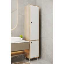 Aeka AE-2028 Soft Sonomo/beyaz 2 Kapaklı Çok Amaçlı Dolap 40X180 cm Raflı Dar Yüksek Boy Banyo Çok Bölmeli Depolama Dolabı