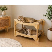 Pureza Ahşap Iki Katlı Kedi Yatağı & Dinlenme Standı – Hasır Yüzeyli (Çift Katlı Tasarım)