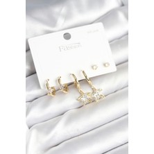 Dxayn Pirinç Gold Renk Yıldız Model 925 Gümüş Çivili Kadın Küpe Seti