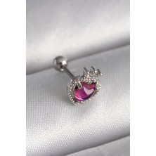 Dxayn 316L Çelik Gümüş Renk Pembe Mineli Kalp Zirkon Taş Detaylı Taç Tragus Piercing