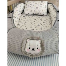 Mamaraduga % 100 Pamuklu Waffle Pike, Poplin Kumaş Minik Sıralı Ponponlu Babynest + Yastık Gri Aslan Safari