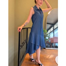 Ali Butik Koyu Mavi Düğmeli Tensel Elbise