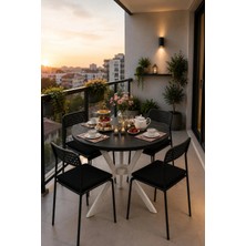 Flinder Siyah 4 Kişilik Minderli Balkon Takımı, Balkon Masası, Balkon Sandalyesi, Yuvarlak Masa, Yemek Masası, Mutfak Masa Sandalye Takımı, 4 Sandalye 1 Ma