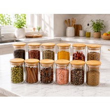 Mafa Home 12'li Bambu Vakum Kapaklı Borosilikat Cam Baharat Seti 270 ml
