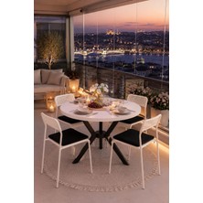 Flinder Beyaz 4 Kişilik Minderli Balkon Takımı, Balkon Masası, Balkon Sandalyesi, Yuvarlak Masa, Yemek Masası, Mutfak Masa Sandalye Takımı, 4 Sandalye 1 Masa