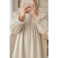 Moda Morfo Omuz Fırfırlı Robası Dantel İşlemeli Keten Tunik    -Taş