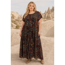 Park Moda Kadın Büyük Beden Kahverengi Viskon Elbise Cepli Etnik Desenli Yazlık Uzun Boho Model