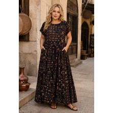 Park Moda Kadın Büyük Beden Siyah Kısa Kol Viskon Elbise Cepli Etnik Desenli Yazlık Uzun Boho Model