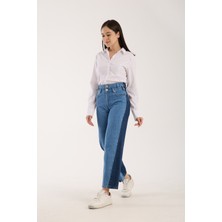 Fashion Club Kadın Denim Mavi Kot Parçalı Çift Kemerli Pantolon