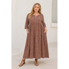 Park Moda Kadın Büyük Beden Kahverengi Viskon Elbise Yazlık Uzun Düğmeli Cepli Çıtır Çiçek Desenli
