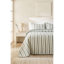Ocean Home Textile Pamuklu Kapitoneli Haki Renk Çizgi Desen Çift Kişilik Yatak Örtüsü Seti 1 Adet 250 x 230 / 2 Adet 50 x 70 cm