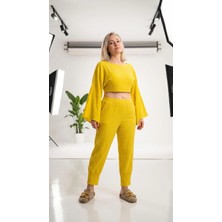 Byemelika %100 Pamuk, Bürümcük, Paça Pens Detay Camilla Pantolon (Sarı)