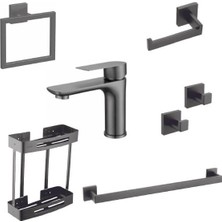 Drt Lena Antrasit 7 Parça Banyo Seti - Lavabo Bataryası ve Kare Aksesuar Takımı Full Set