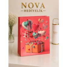Nova Lüks 10'lu Karton Hediye Çantası Seti – Kalp Desenli Kırmızı Premium Tasarım