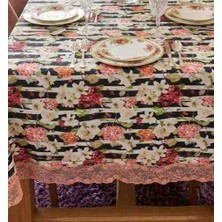 Yarımada Kadın Kooperatifi Çizgili ve Ortanca Çiçek Desenli Dantel Detaylı Dikdörtgen Masa Örtüsü - 160X200 cm Premium Piko Nakışlı