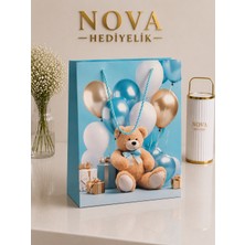 Nova Lüks 10'lu Karton Hediye Çantası Seti – Ayıcık ve Balon Detaylı Mavi Renk Premium Tasarım