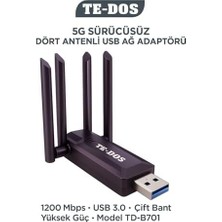 Depo Store USB 3.0 Çift Bant Wifi Adaptörü 1200 Mbps 4 Antenli Yüksek Çekim Gücü 2.4ghz 5ghz Driver Gerektirmez Masaüstü ve Dizüstü Bilgisayar Için Kablosuz Ağ Kartı | Te-Dos TD-B701