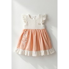 Joy Kids Kız Bebek %100 Pamuk Nakışlı Elbise (9-18AY) (Ekru-Somon)