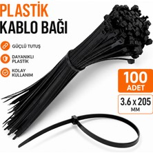 Badem10 Plastik Kablo Bağı 3.6X205 mm Siyah 100 Adet Dayanıklı Cırt Kelepçe Düzenleme ve Sabitleme Seti