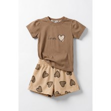 Joy Kids Kız Çocuk Kalp Baskılı Günlük Takım (6-24AY) (Kahve)