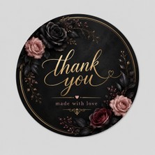 Papelia Siyah Çiçekli Thank You Yuvarlak Etiket – Şık Paketleme ve Teşekkür Stickerı 4x4 cm