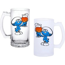 Ghostbastır Design Şirinler Kulplu Bira Bardağı Buzlu Veya Şeffaf Seçenekli 0224