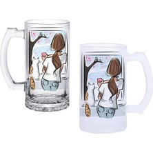 Ghostbastır Design Camdaki Kedi Kulplu Bira Bardağı Buzlu Veya Şeffaf Seçenekli 047