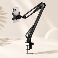 Velkar 360° Döner Telefon Tutucu Masa ve Yatak Için Esnek Uzun Kollu Stand Güçlü Kelepçeli