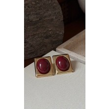 Vintage Bordo Taşlı Çelik Küpe
