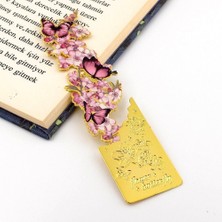Solfera Pembe Çiçekler ve Kelebekler Altın Rengi Metal Kitap Ayracı Ayraç AY104