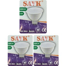 (3 adet) Şavk 12VOLT Ac/dc 4,5W (22W) Beyaz Işık (6500K) GU5.3 DUYLU (Iğne Bacak) LED Çanak Ampul
