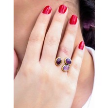 Esha Store Doğal Taş Ametist Üçlü Doğal Taşlı Antik Model Kadın Ayarlanabillir Yüzük EUY76AMT