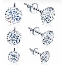 La Mia Felicita 925 Ayar Gümüş Çivili Tektaş Küpe Üçlü Set (4 mm - 5 mm - 6 Mm) Rodyum Kaplama