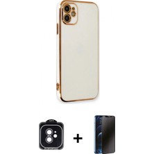 Marsilyan™- iPhone 11 Kılıf Yankı Serisi - Siyah 3D Antistatik Hayalet Cam Ekran Koruyucu + Pvd Metal Kamera Lens - Sh